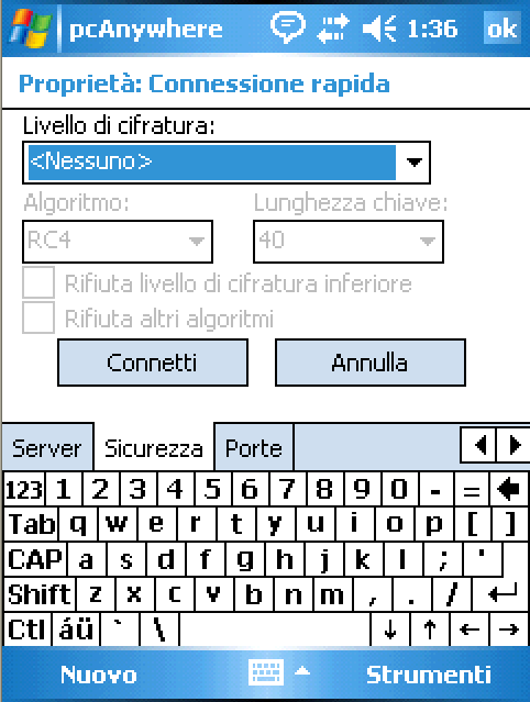 Connessione da un dispositivo portatile Metodi per connettesi a un altro computer da un dispositivo portatile 327 2 Nella scheda Protezione, dall'elenco Livello crittografia, selezionare uno dei