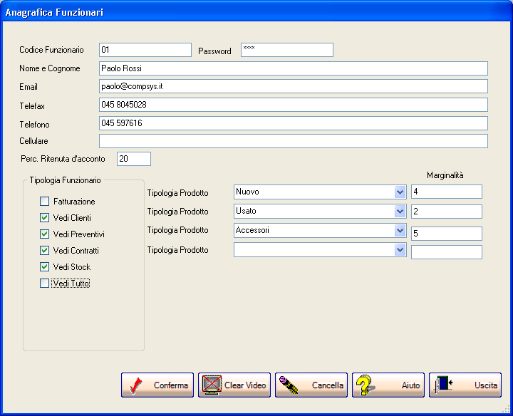 Setup Anagrafica Funzionari La gestione anagrafica funzionari permette di creare un archivio di tutti utenti abilitati all utilizzo di InVendita definendo i parametri accesso (codice e