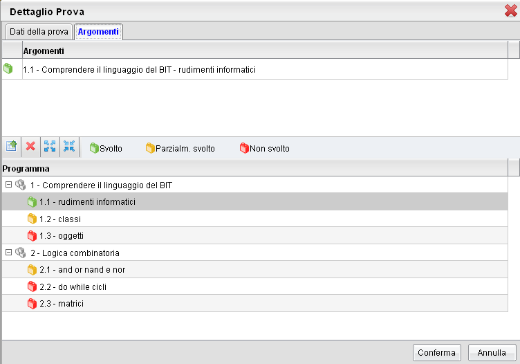 Argomenti Nella Tab Argomenti è anche possibile dettagliare (opzionalmente) gli argomenti oggetto della prova, prelevandoli dal programma scolastico.