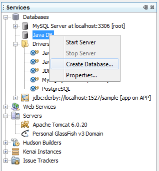 Fig. 23 - Dall'icona Java DB su in alto, possiamo attivare (Start Server) e