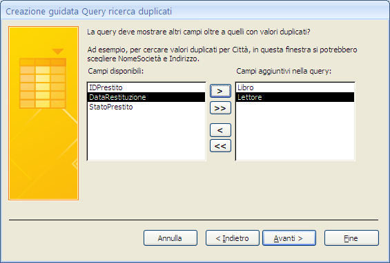 G. Pettarin ECDL Modulo 5: Basi di dati con Access 224 Creazione guidata query: terzo passaggio Seleziona, aggiungendolo alla casella di destra, il/i campo/i che contengono dati duplicati: nel