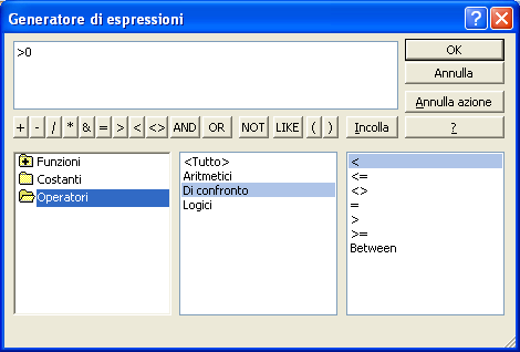G. Pettarin ECDL Modulo 5: Basi di dati con Access 41 Casella di espressione Pulsanti Il Generatore di espressioni Il Generatore di espressioni consente di accedere in modo semplice e rapido ai nomi