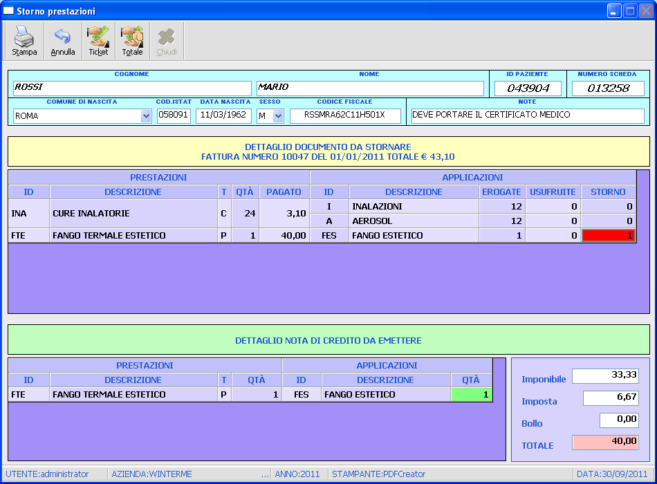 - STORNO Questo modulo permette la riduzione parziale o completa delle prestazioni acquistate da un paziente.