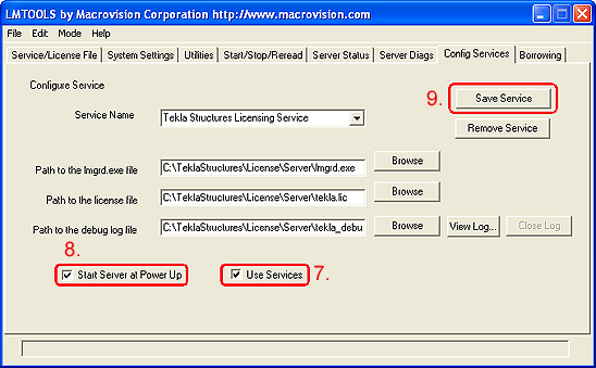 7. Selezionare la casella di controllo Use Services per eseguire il servizio licenze come servizio Windows. 8.