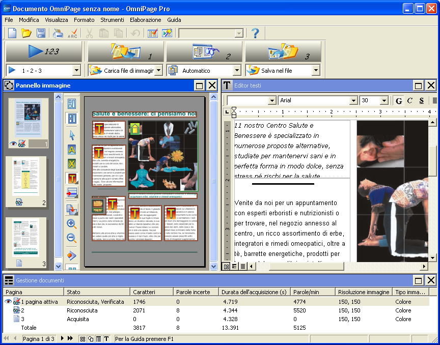 Il desktop di OmniPage Il desktop di OmniPage ha una barra del titolo e una barra dei menu nella parte superiore e una barra di stato nella parte inferiore.
