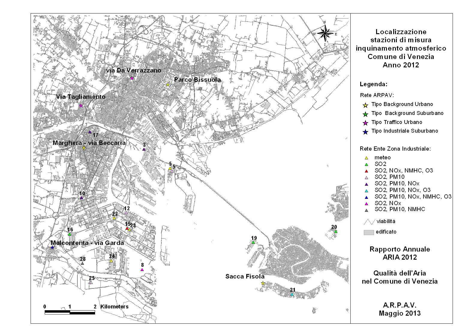 Fig. 6 Localizzazione delle stazioni di misura inquinamento atmosferico del Comune di Venezia dell ARPAV e di Ente Zona Industriale (anno 2012) Nella Tabella 4
