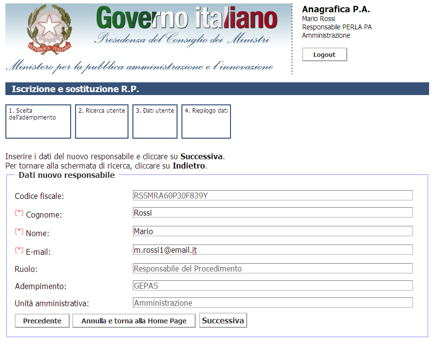 Nella schermata seguente è possibile: ricercare un utente già esistente (per codice fiscale oppure per cognome e nome) nel caso in cui si voglia scegliere una persona già utente del portale PERLA PA