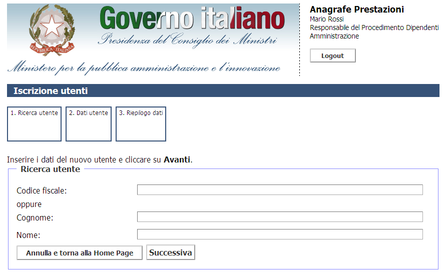 6.3 Iscrizione degli Utenti Semplici Per iscrivere un nuovo utente, dopo aver effettuato l autenticazione per l adempimento desiderato, è sufficiente cliccare su Iscrizione nella sezione Gestione