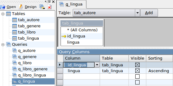 Ora entra in gioco il DataBase Relazionale Per la costruire la struttura della Tabella tab_libro dobbiamo indicare al programma che le informazioni autore, genere e lingua sono già registrate nelle