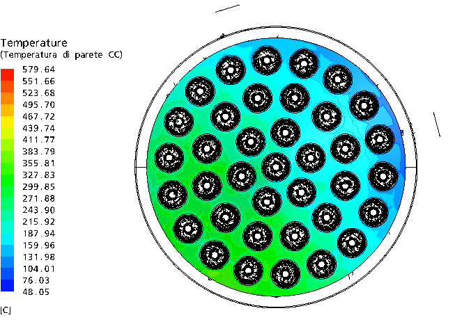 Capitolo 8 Analisi CFD di un sistema TPV applicato ad una caldaia domestica Figura 8. 26 Contour plot della temperatura sulla superficie inferiore della camera di combustione.