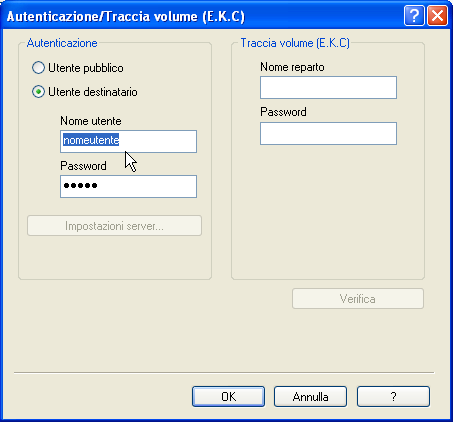 Guida alla configurazione delle stampanti di rete Konica Minolta - Pag 6 Dalla finestra Preferenza di stampa (vedi Fig. 1 sopra) cliccare su Autenticazione/Traccia volume (E.C.K.), selezionare Utente destinatario ed inserire il Nome utente assegnato e la Password (PIN), lasciando vuoti i campi a destra (Fig.