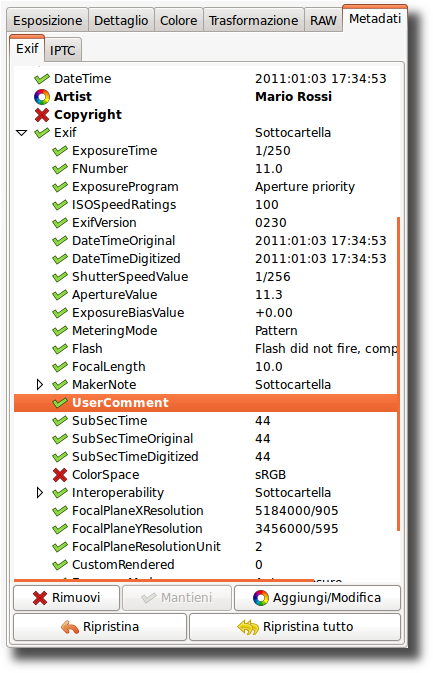 La scheda Metadati La scheda Exif Qui è possibile controllare quali metadati EXIF saranno contenuti nel file d'immagine salvato (sviluppato).