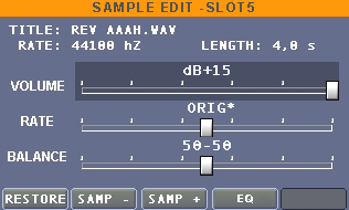 Il livello dei Drum Loops può essere regolato dallo slider di volume dei samples, tuttavia nel riquadro SAMPLE EDIT, al quale si accede mediante il pulsante SAMP situato nella parte inferiore Sx del