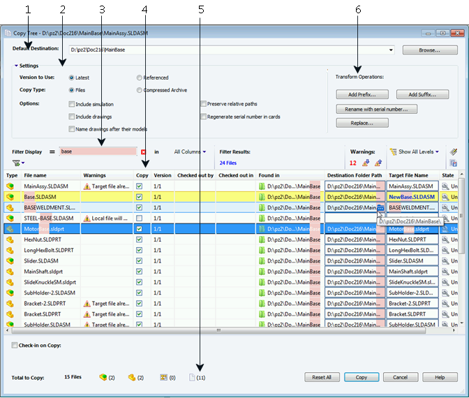 SOLIDWORKS Enterprise PDM Nella finestra di dialogo Copia albero: 1. Destinazione di default visualizza l'ubicazione corrente della cartella del file selezionato.