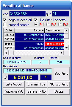 Funzione non meno importante, utilizzabile anche dal palmare è la vendita al banco, questo permette di effettuare l acquisizione dei codici dei prodotti