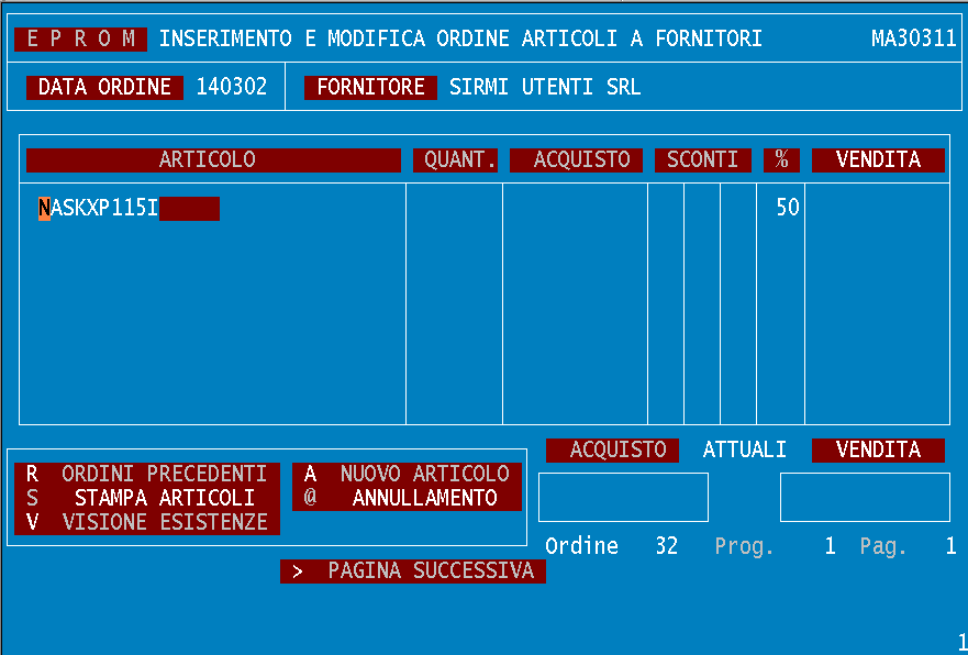 CODICE ARTICOLO L'articolo può essere richiamato in quattro modi diversi: per numero, per codice mnemonico, con il codice originale usato dal costruttore, oppure con il codice utilizzato dal