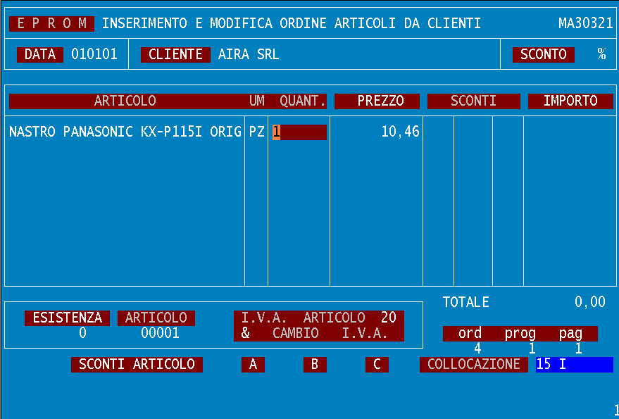 QUANTITA' Va indicata la quantità ordinata; in questo campo viene anche accettato il comando "&", utilizzato per controllare o modificare, temporaneamente, l'aliquota IVA di un articolo.