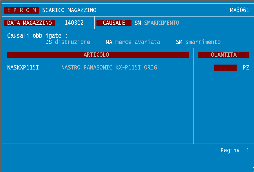 REGISTRAZIONE OPERAZIONI SCARICO MAGAZZINO Questo programma consente di registrare i movimenti di scarico magazzino dovuti a distruzione, merci avariate o smarrite; dopo la data operazioni va