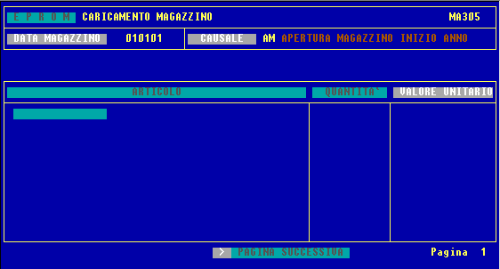 CARICAMENTO MAGAZZINO Dopo aver inserito tutti i contatori e le tabelle, questo programma deve essere utilizzato durante l'avviamento del magazzino per