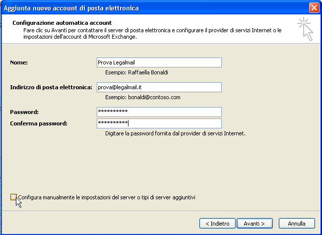 Configurazione PEC su Outlook 2007 Compilare i dati richiesti Apporre il flag su