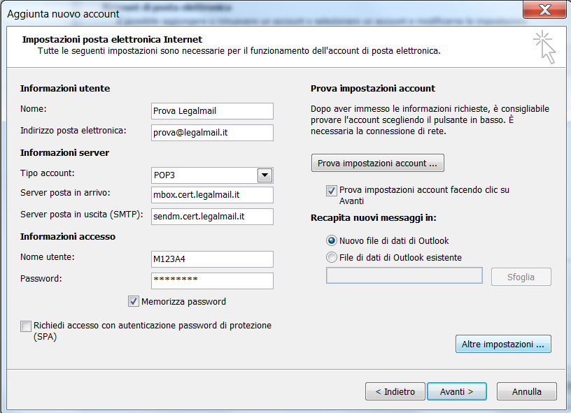 Configurazione PEC su Outlook 2010 Compilare i dati richiesti In questo