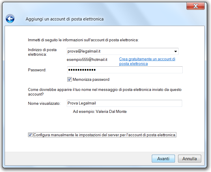 Configurazione PEC su Windows Live Mail Compilare i dati richiesti Apporre il flag su