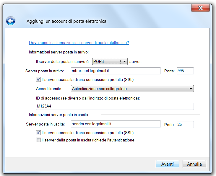 Configurazione PEC su Windows Live Mail Selezionare dal menu a tendina POP3.