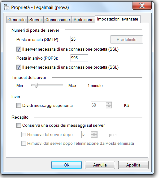 Configurazione PEC su Windows Live Mail Cliccare sulla scheda Impostazioni avanzate Verificare che sia presente la spunta su Il server necessita di una connessione protetta (SSL) su entrambi i server