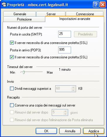 Configurazione PEC su Outlook Express Cliccare sulla scheda Impostazioni avanzate Mettere la spunta su Il server necessita di una connessione protetta (SSL) su entrambi i server Se si desidera non
