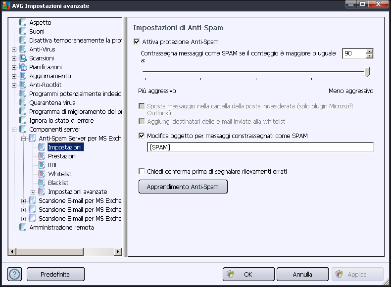I pulsanti attivi sono: Impostazioni: selezionare questo pulsante per aprire Impostazioni Anti-Spam. Indietro: selezionare questo pulsante per tornare alla panoramica dei componenti server. 7.2.