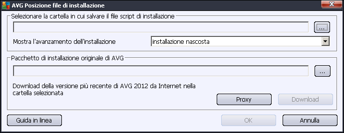 o Carica impostazioni salvate in AVG: utilizzare questo collegamento per aprire un file di configurazione di AVG (.pck) e applicarlo all'installazione AVG locale.