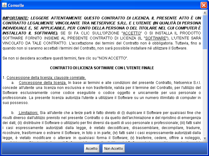 Verrà visualizzata la pagina contenente il contratto di licenza, che deve essere accettato per poter utilizzare il programma: Cliccare su Accetto per proseguire. 2.