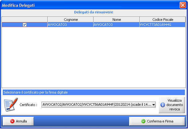 Il sistema consentirà di selezionare il delegato al quale revocare la delega