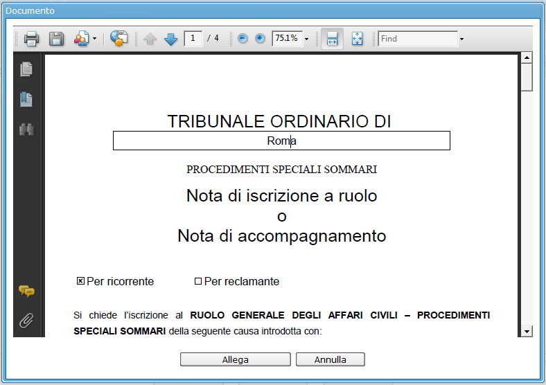 Figura 28 La nota di iscrizione a ruolo creata dal sistema Cliccare sul bottone Allega per allegare la NIR al fascicolo e tornare alla scheda Documenti, dove la NIR appena creata