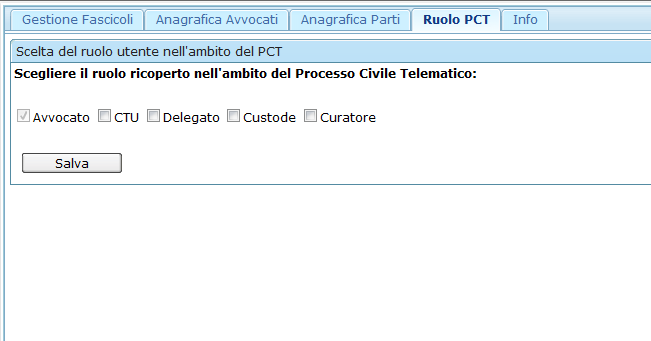 Scheda Ruolo PCT La scheda Ruolo PCT (Figura 82) permette all utente di impostare il ruolo ricoperto nell ambito del Processo Civile Telematico. Sono disponibili 5 ruoli: a. Avvocato b. CTU c.