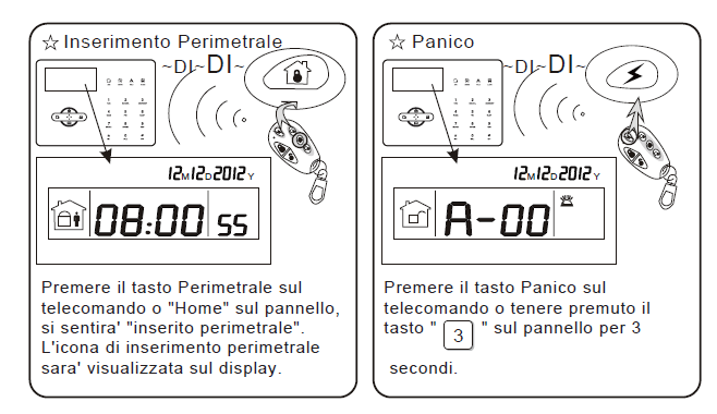 Inserimento Perimetrale ~DI~DI~ Panico ~DI~DI~ M D Y M D Y Premere il tasto Perimetrale sul telecomando o "Home" sul pannello, si sentira' "inserito perimetrale".