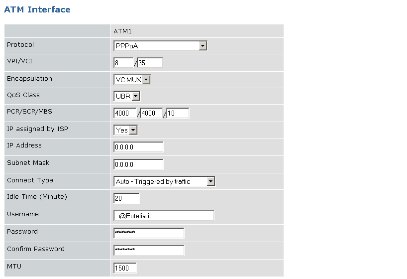 VoIP ADSL Router Discus NetGate VoIP v2 Pirelli (0.56S) Manuale operativo Pag. 7 Impostazioni della WAN 1. cliccate sulla voce di menu WAN e poi sul link del sottomenu ATM PVC.