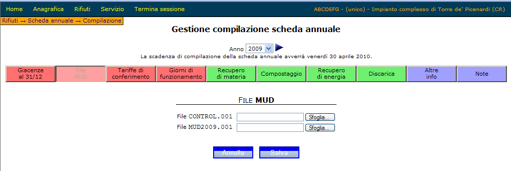 8 Menù Rifiuti - Scheda annuale/compilazione - File MUD 8a: Sfoglia: per selezionare sul proprio computer i due file (Control.001 e MUD2009.