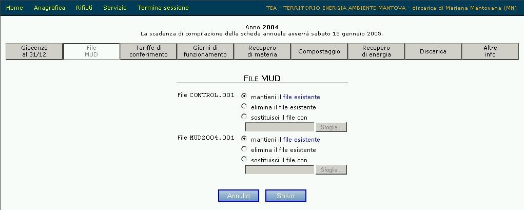 8.2 Specifiche Devono essere caricati (upload) i due file contenenti la dichiarazione MUD dell impianto con i dati dell anno di riferimento, che vengono generati dal software di Ecocerved o dai