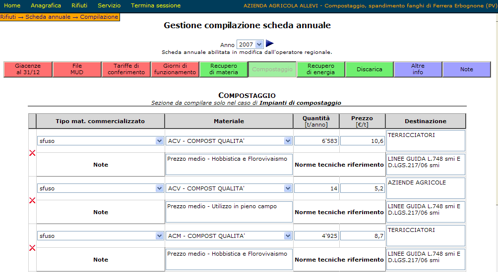 12 Menù Rifiuti - Scheda annuale/compilazione - Compostaggio 12a: tipo di materiale commercializzato: indicare le modalità di vendita 12b: Materiale: specificare il tipo di materiale 12.