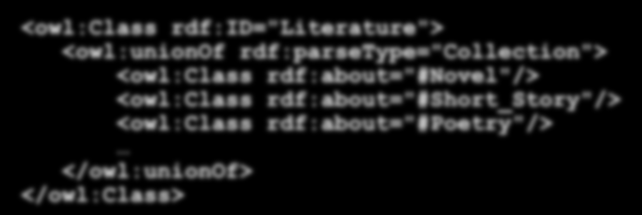 Classe definita come unione di altre classi <owl:class rdf:id="literature"> <owl:unionof rdf:parsetype="collection"> <owl:class rdf:about="#novel"/> <owl:class rdf:about="#short_story"/> <owl:class