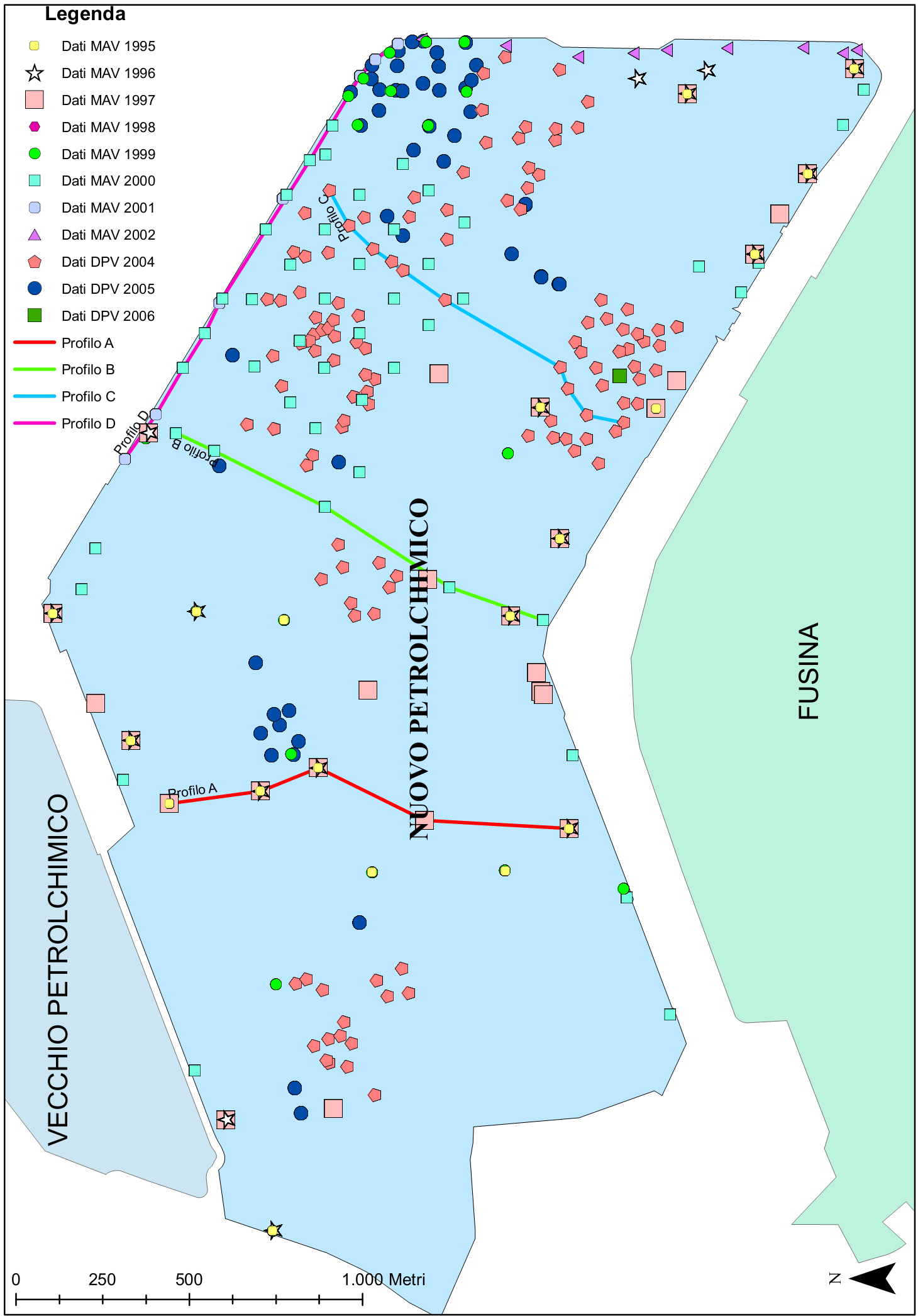 Figura 40 - Mappa dei campionamenti presenti nel database. Macroisola del Nuovo Petrolchimico.