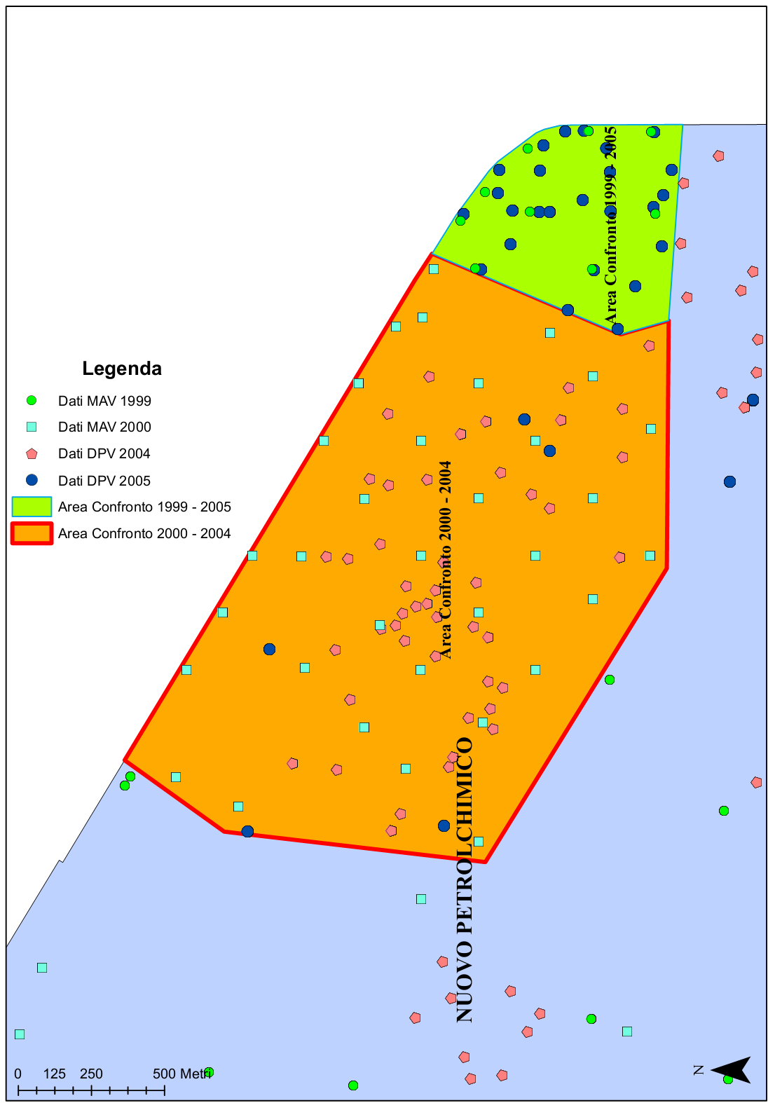 Figura 41 - Mappa delle aree scelte per il confronto dei dati. Macroisola del Nuovo Petrolchimico.