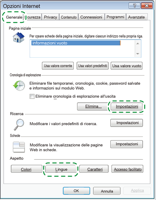 2 Configurazione del sistema 2. In [Cronologia esplorazioni], fare clic su [Impostazioni]. Viene visualizzata la finestra di dialogo [Impostazioni file temporanei Internet e cronologia]. 3.