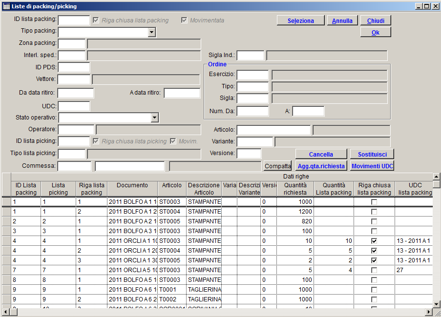 Liste di packing. Le liste di packing sono generate dal motore di calcolo in base a regole implicite del sistema.