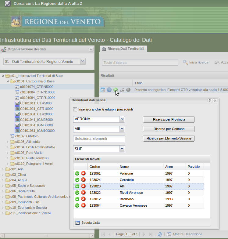 fare doppio click su c0101074_ctrn5000 Nella finestra Ricerca Dati Territoriali tramite il pulsante verde di download è possibile aprire la maschera Download dati servizi per cercare gli shapefile