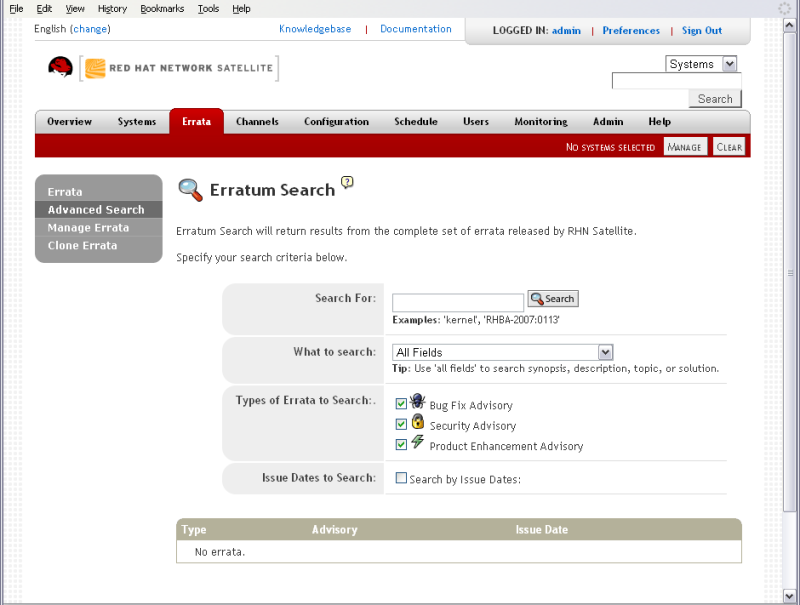 Red Hat Network Satellite 5.4 Reference Guide Figura 7.16. Ricerca erratum T utti i cam pi Esegue la ricerca degli errata in base ai sinopsi, descrizione, argomento o soluzione.