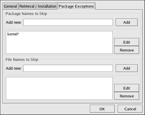 Capitolo 4. Red Hat Update Agent pacchetti RPM, aggiornati a seconda del nome del pacchetto o dal nome del file (consultate la Figura 4.18, «Come impostare i pacchetti da escludere»).