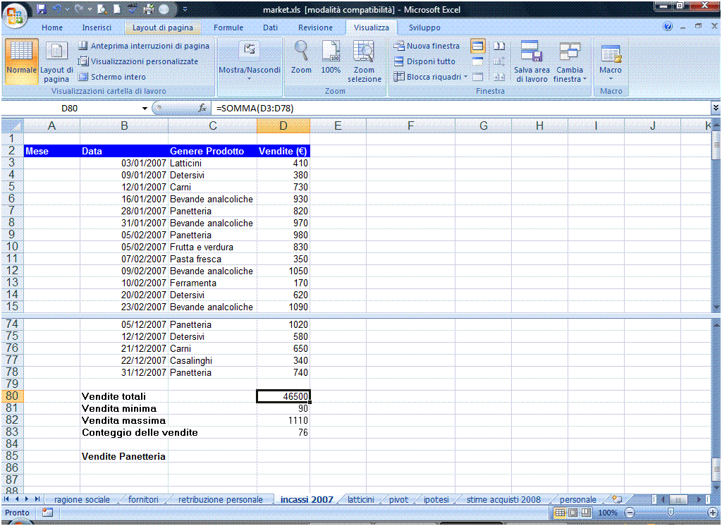 AM4 Foglio elettronico livello avanzato 11 Figura 4.6 Divisione finestra. AM4.1.2.3 Nascondere, mostrare righe, colonne, fogli di lavoro.