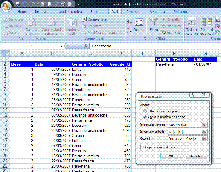 46 AM4 Foglio elettronico livello avanzato E possibile stabilire quali campi riportare nella zona di estrazione, copiando i nomi dei campi dalla tabella dati.